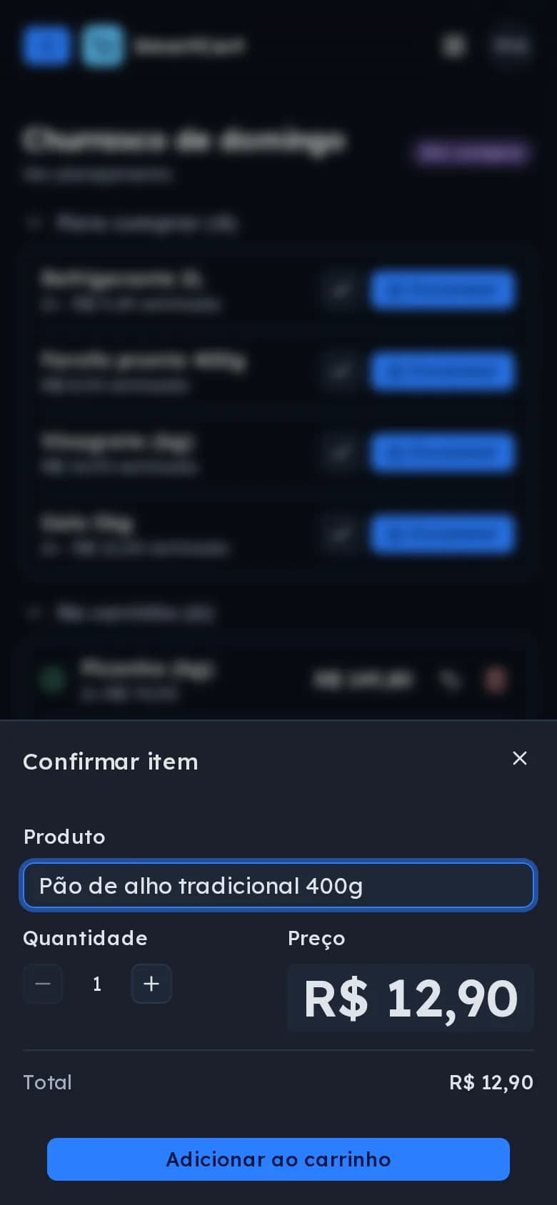 Revisão de um item bipado com o nome do produto e o preço lidos da etiqueta