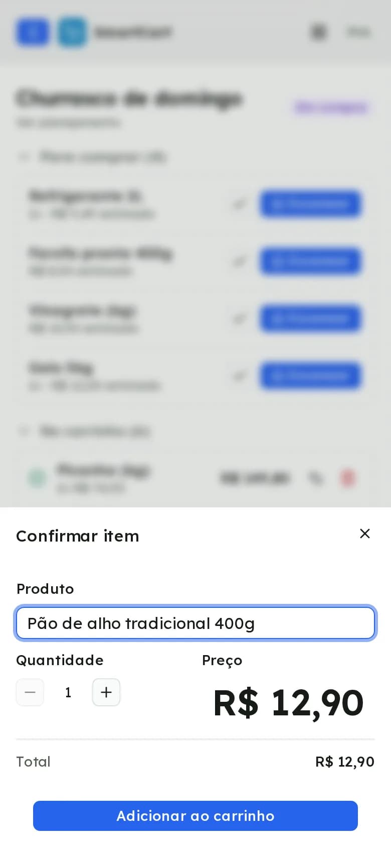 Revisão de um item bipado com o nome do produto e o preço lidos da etiqueta