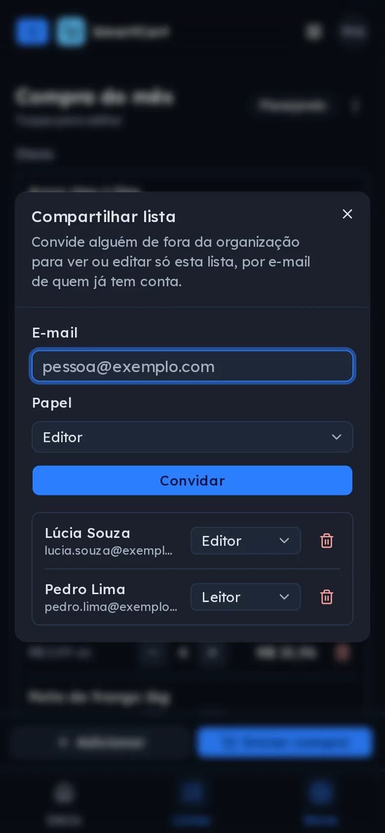 Diálogo de compartilhar lista com o convite por e-mail e duas pessoas convidadas, uma editora e uma leitora