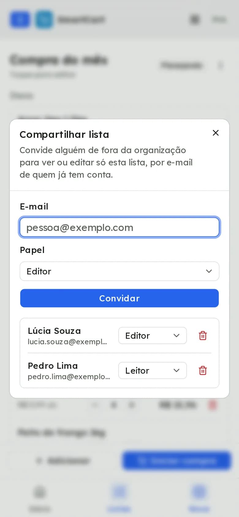 Diálogo de compartilhar lista com o convite por e-mail e duas pessoas convidadas, uma editora e uma leitora