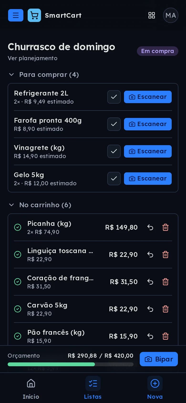 Modo compra no celular, com itens para comprar, itens no carrinho e a barra de orçamento