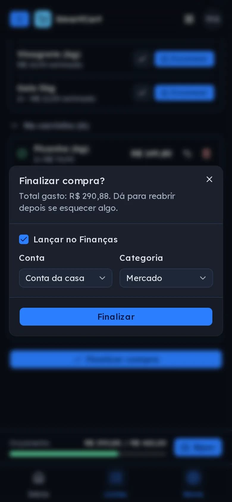 Diálogo de finalizar compra com a opção Lançar no Finanças, a conta e a categoria Mercado
