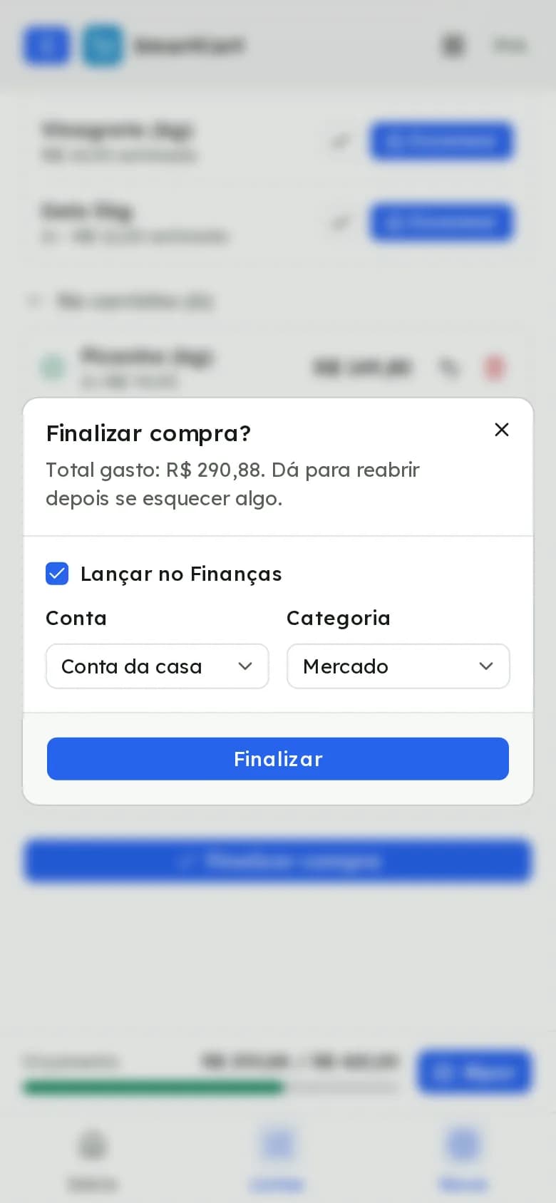 Diálogo de finalizar compra com a opção Lançar no Finanças, a conta e a categoria Mercado