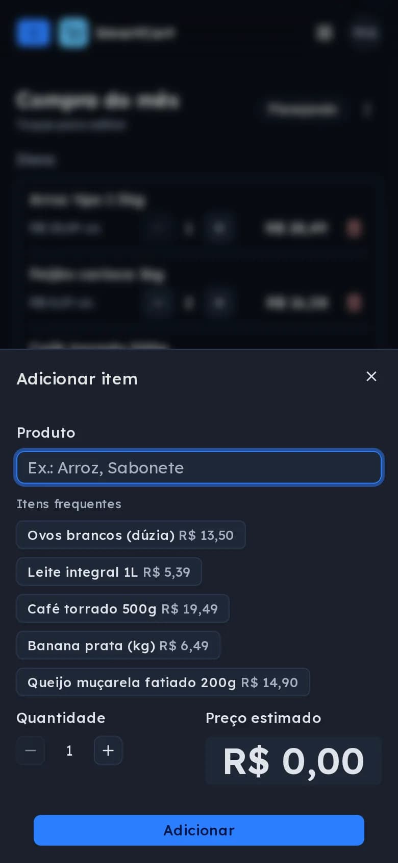 Folha de adicionar item com a lista de itens frequentes e o último preço pago de cada um