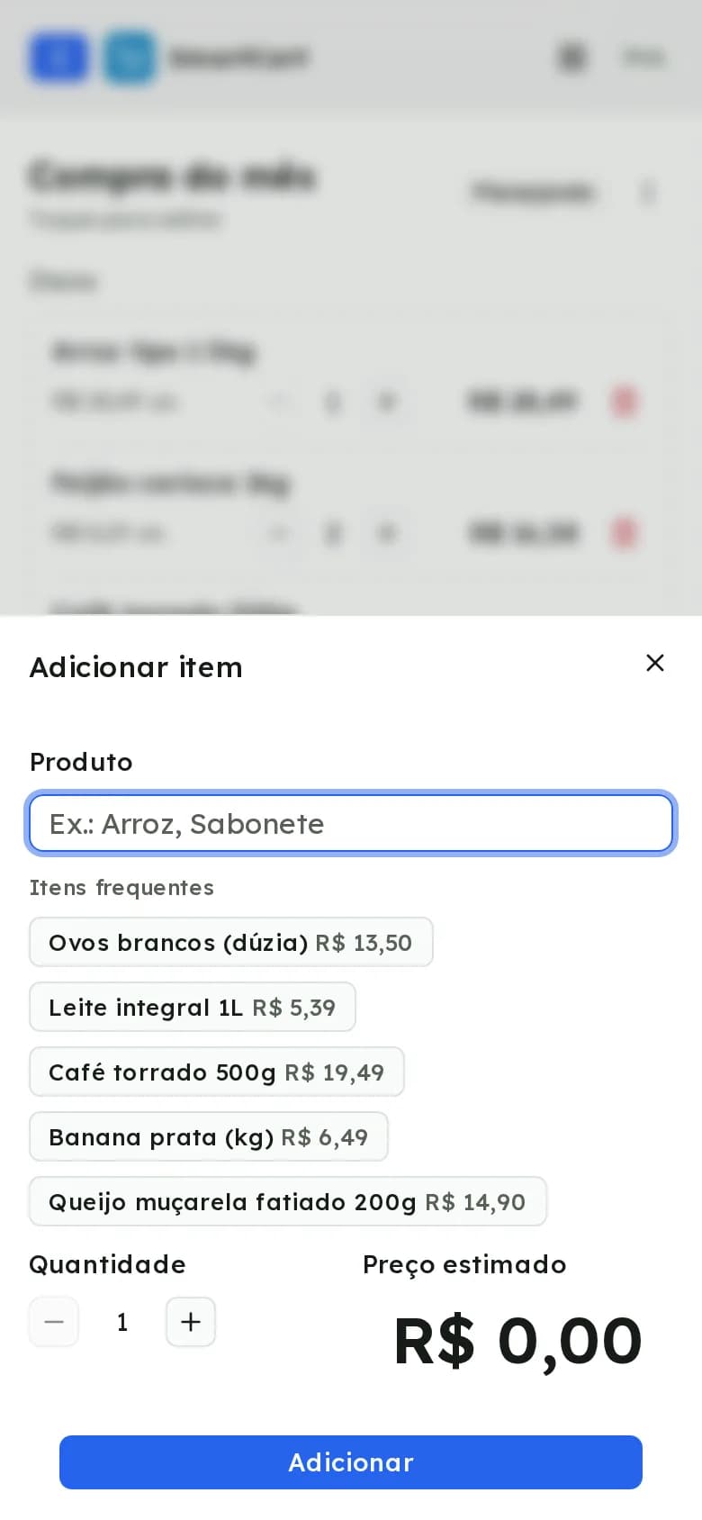 Folha de adicionar item com a lista de itens frequentes e o último preço pago de cada um