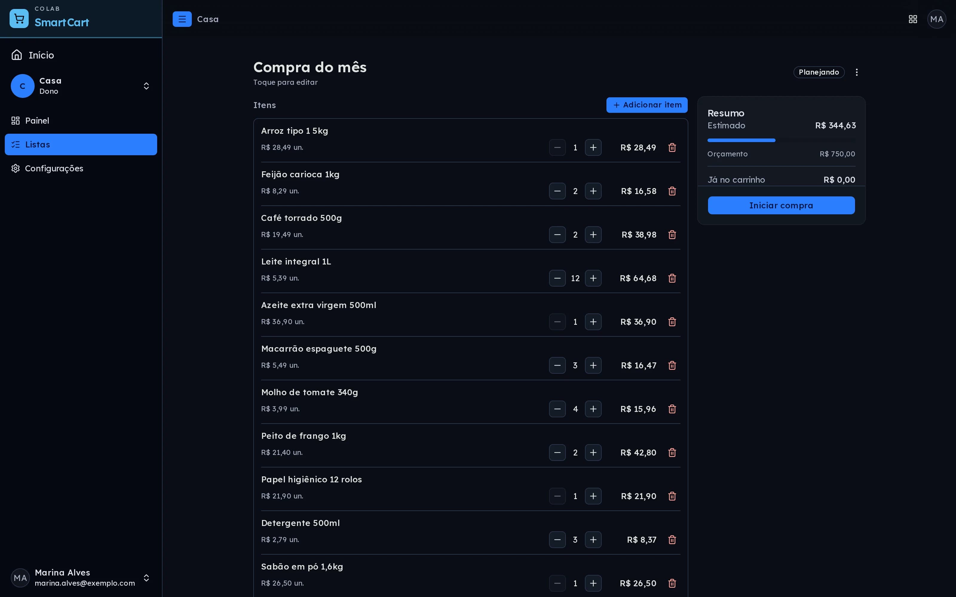 Planejamento da lista Compra do mês no SmartCart, com itens, quantidades, preço estimado e resumo do orçamento